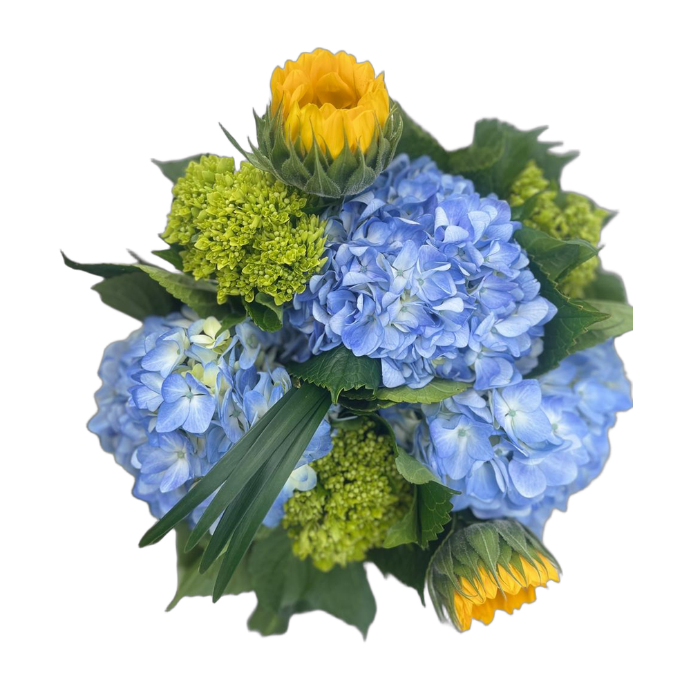 Blue hydrangea bouquet with sunflowers