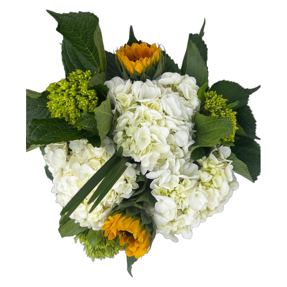 White hydrangea bouquet with sunflowers